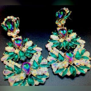 Gorgeous green and Aurora Borealis statement earrings , crystal